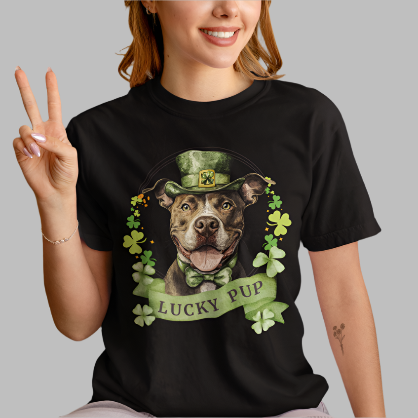 Person wearing a St. Patrick’s Day Pit Bull dog t-shirt with a lucky shamrock print, black