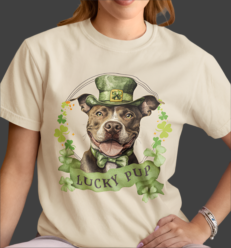 Person wearing a St. Patrick’s Day Pit Bull dog t-shirt with a lucky shamrock print, sand