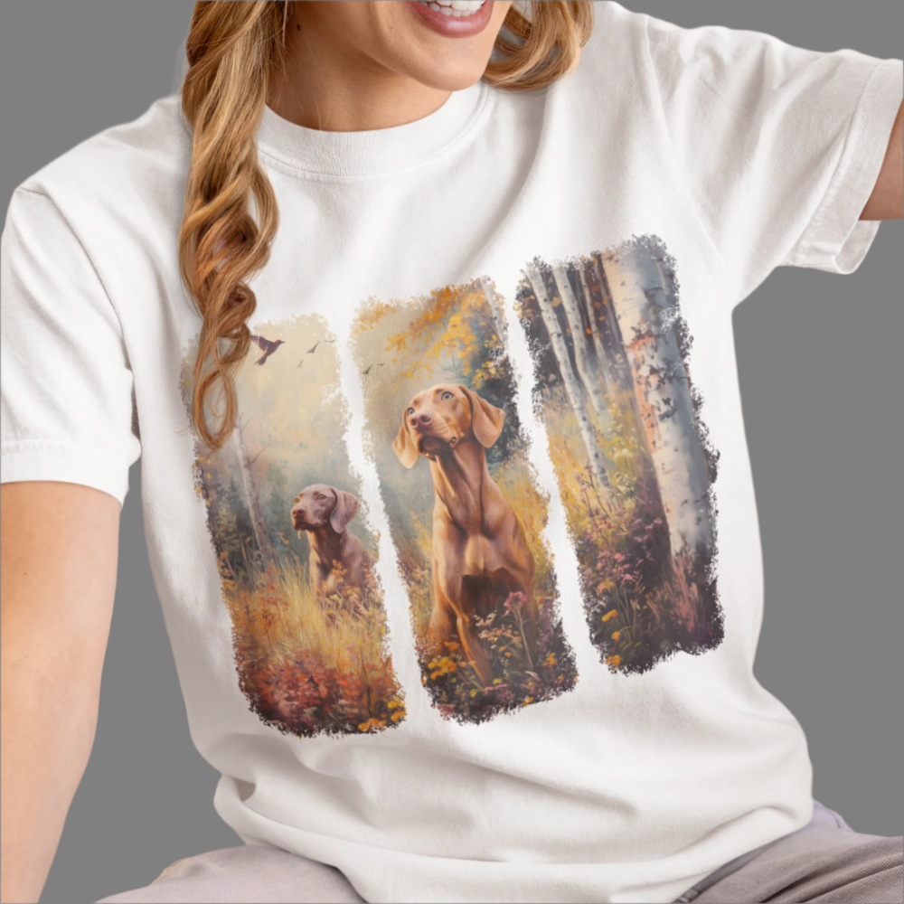unique dog lover gift, t-shirt with artistic print of two hunting vizsla dogs, white tee, premium quality