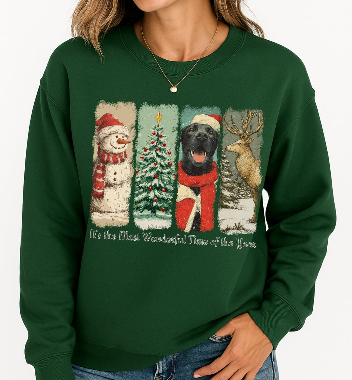 Green sweatshirt with Christmas-themed design featuring a dog, snowman, tree, and reindeer.