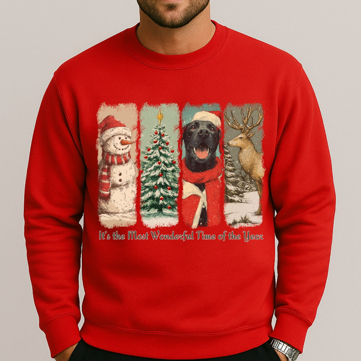 Red Christmas-themed sweatshirt with festive graphics on a plain background