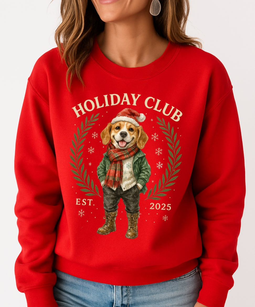 Person wearing a red 'Holiday Club' sweatshirt with a dog graphic