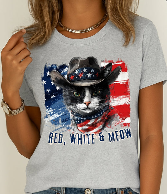Black and White Cat  Patriotic T-Shirt "Red, White & Meow" - Cat-Themed Patriotic Design