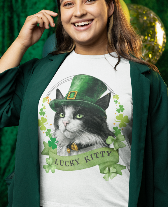 Black and White Cat -  St. Patrick’s Day Cat Lover T-Shirt