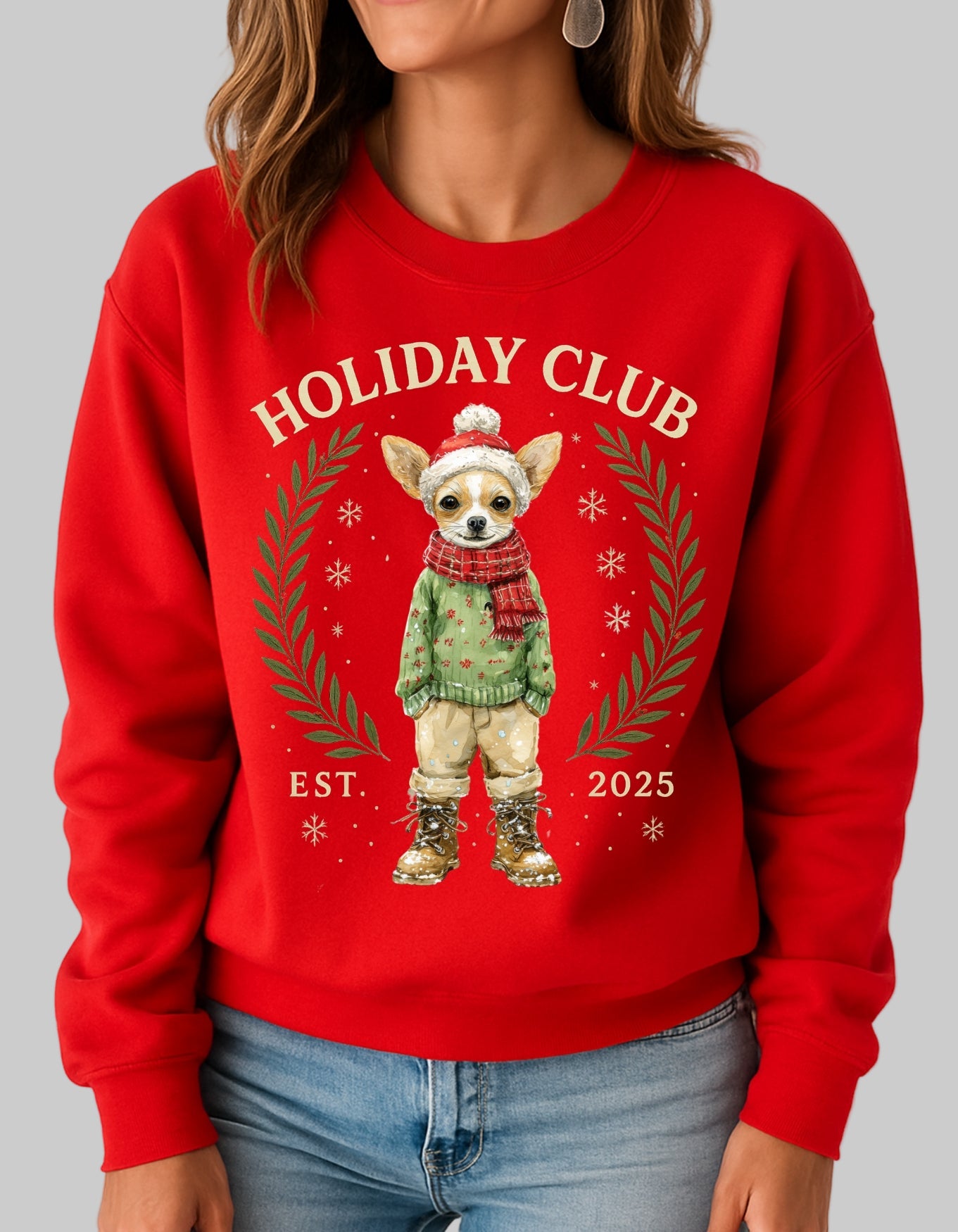 Red sweatshirt with a dog illustration and 'Holiday Club' text on a white background
