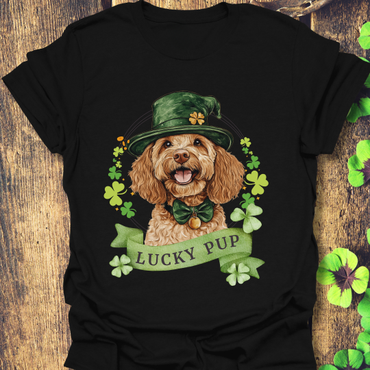 St. Patrick’s Day t-shirt featuring a Cockapoo dog with a shamrock garland and festive Irish design