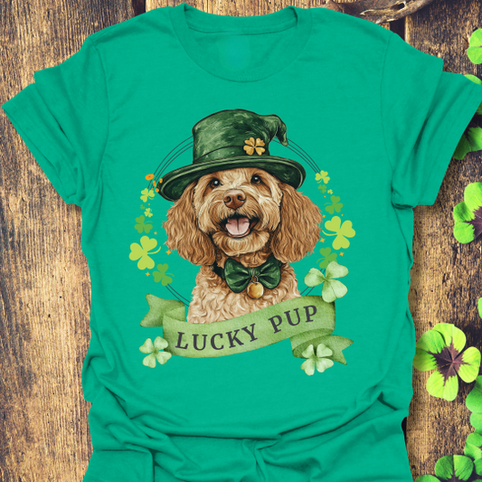 St. Patrick’s Day t-shirt featuring a Cockapoo dog with a shamrock garland and festive Irish design