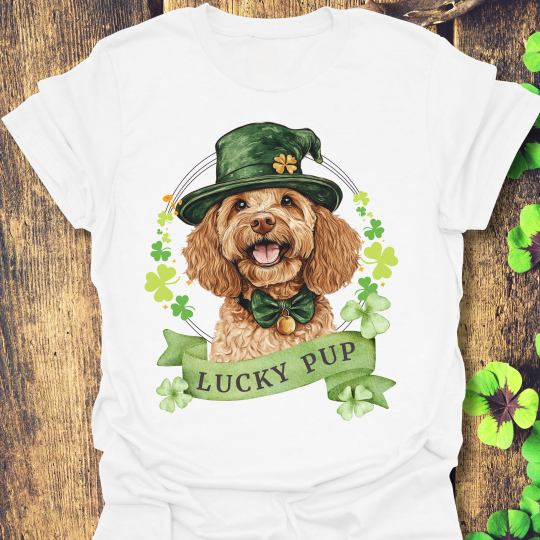 St. Patrick’s Day t-shirt featuring a Cockapoo dog with a shamrock garland and festive Irish design