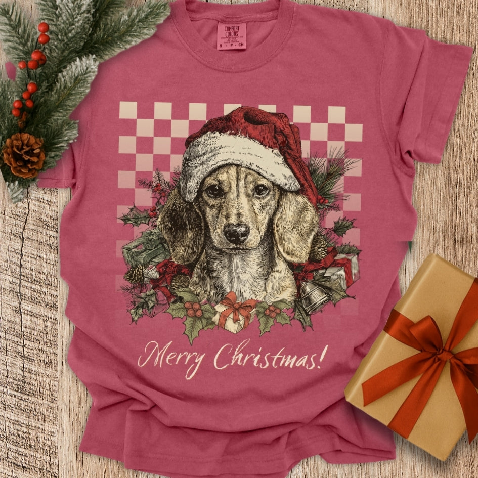 Dachshund Vintage Checkered Christmas Tee