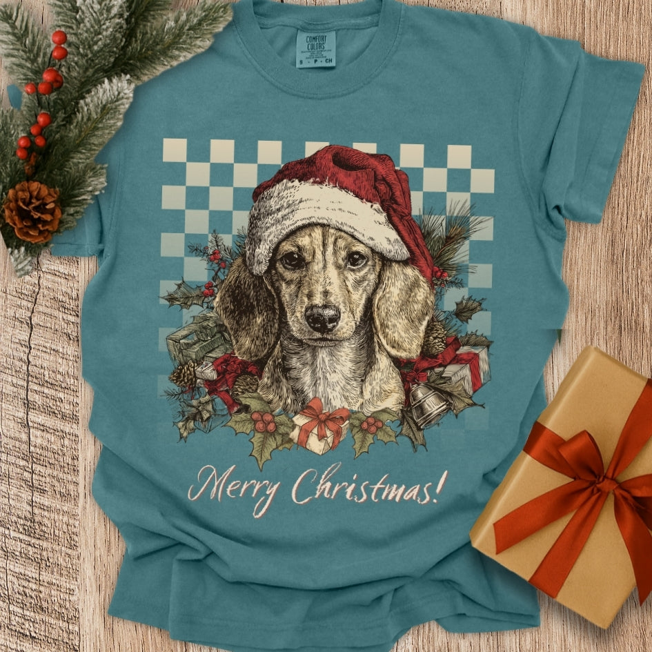 Dachshund Vintage Checkered Christmas Tee