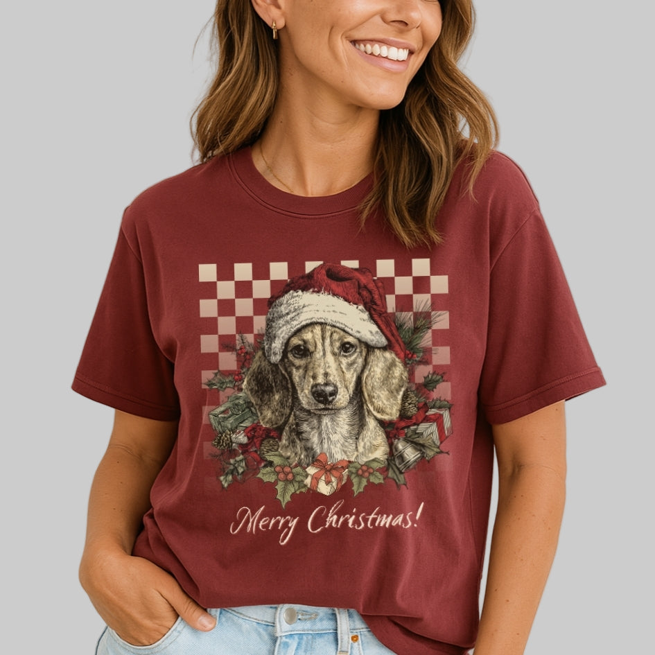 Person wearing a maroon t-shirt with a Christmas-themed dog graphic and 'Merry Christmas!' text.