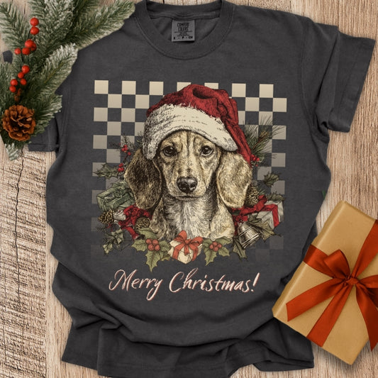 Dachshund Vintage Checkered Christmas Tee