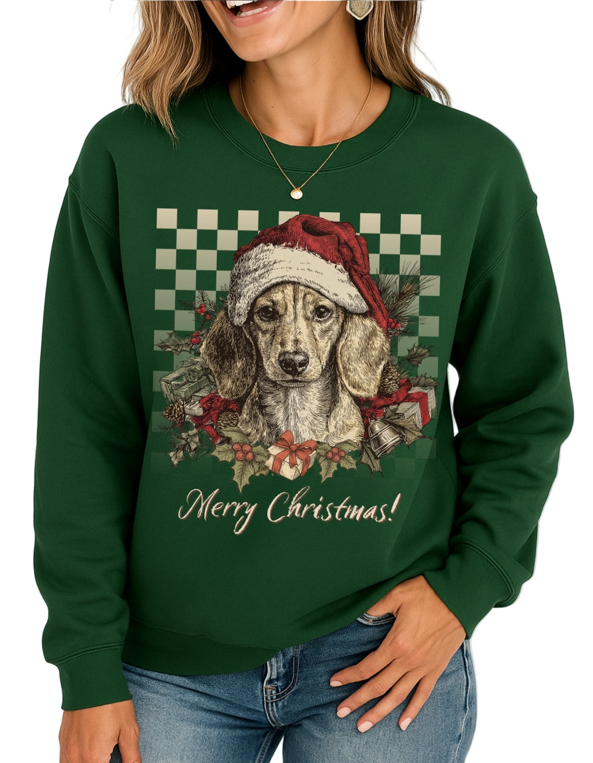 Green sweatshirt with a Christmas-themed dog graphic and 'Merry Christmas!' text.