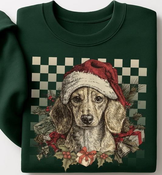 Green sweatshirt with a dog wearing a Santa hat and Christmas decorations on a checkered background