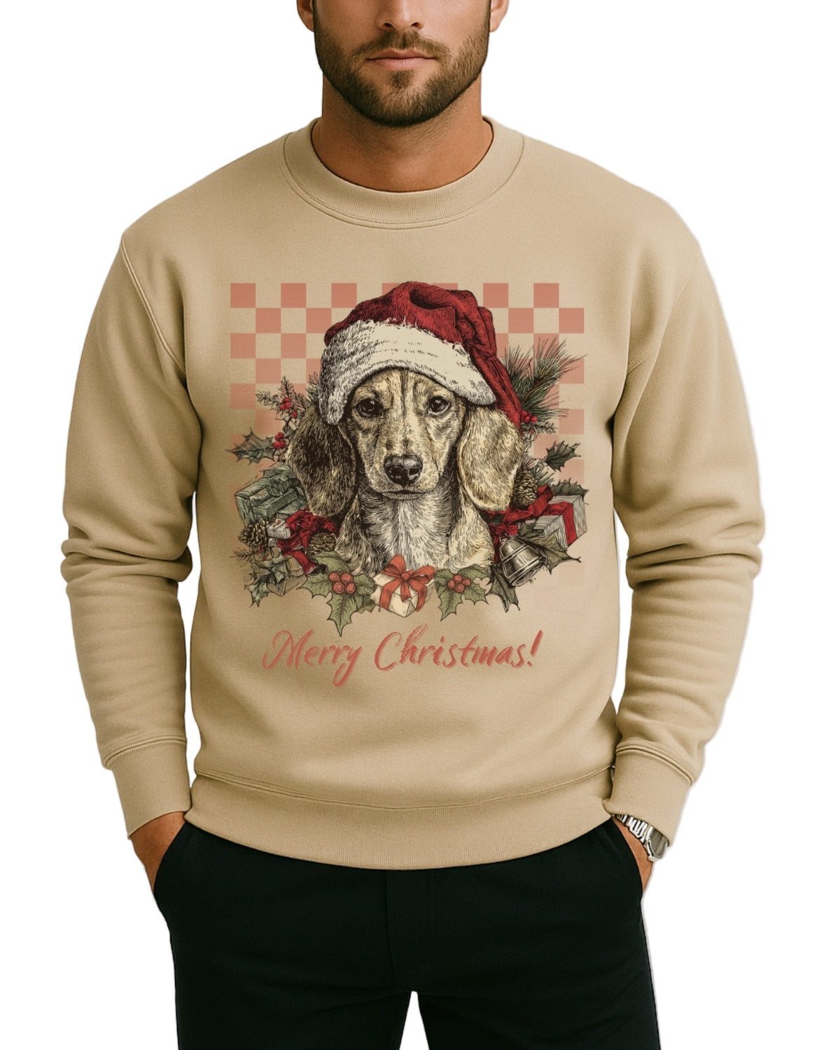 Beige sweatshirt with a Christmas-themed design of a dog wearing a Santa hat on a plain background