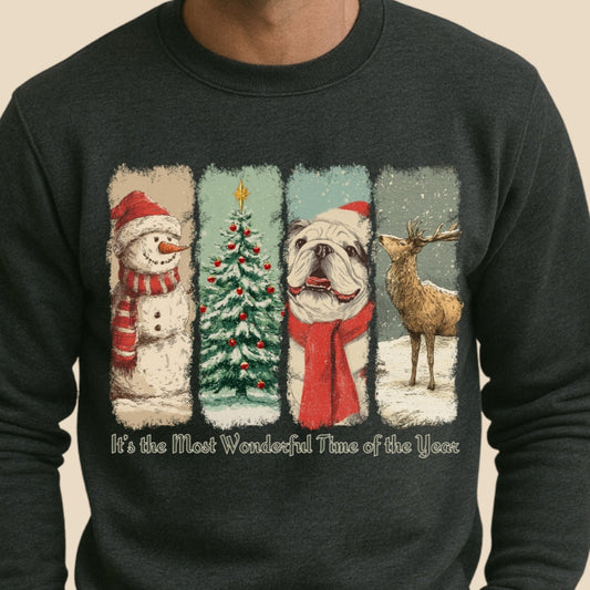 Man wearing a dark gray Christmas-themed sweater with festive illustrations on a beige background