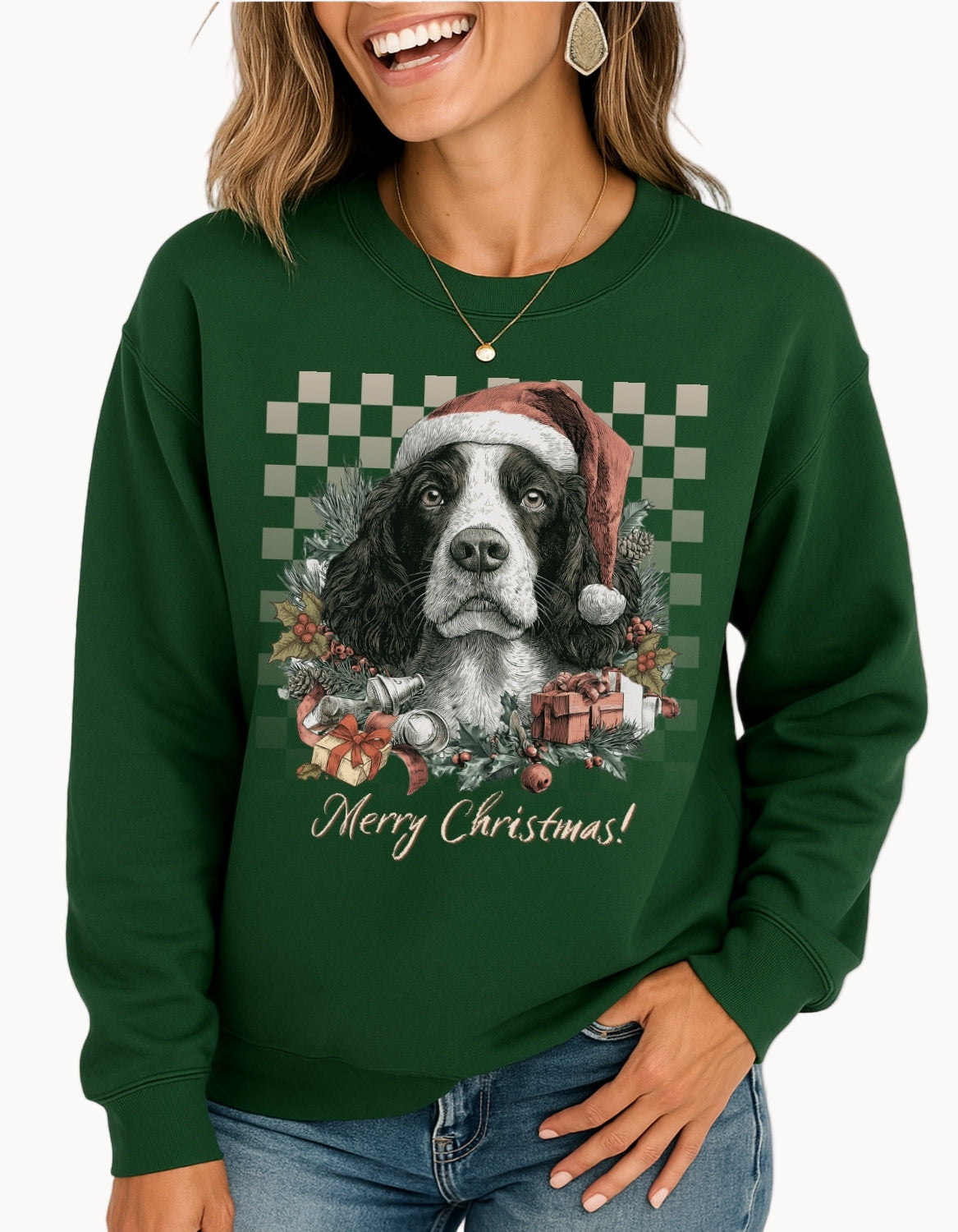 Springer Spaniel Vintage Checkered Christmas  Sweatshirt
