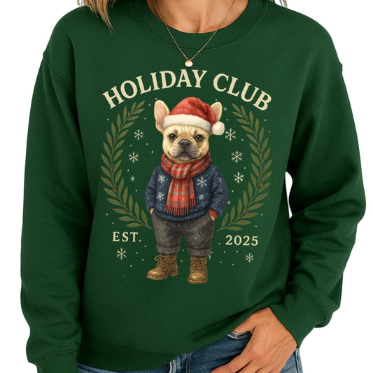 Person wearing a green sweatshirt with a festive design and text.
