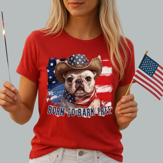 French Bulldog Patriotic T-Shirt "Born to Bark Free" - Dog-Themed Patriotic Design