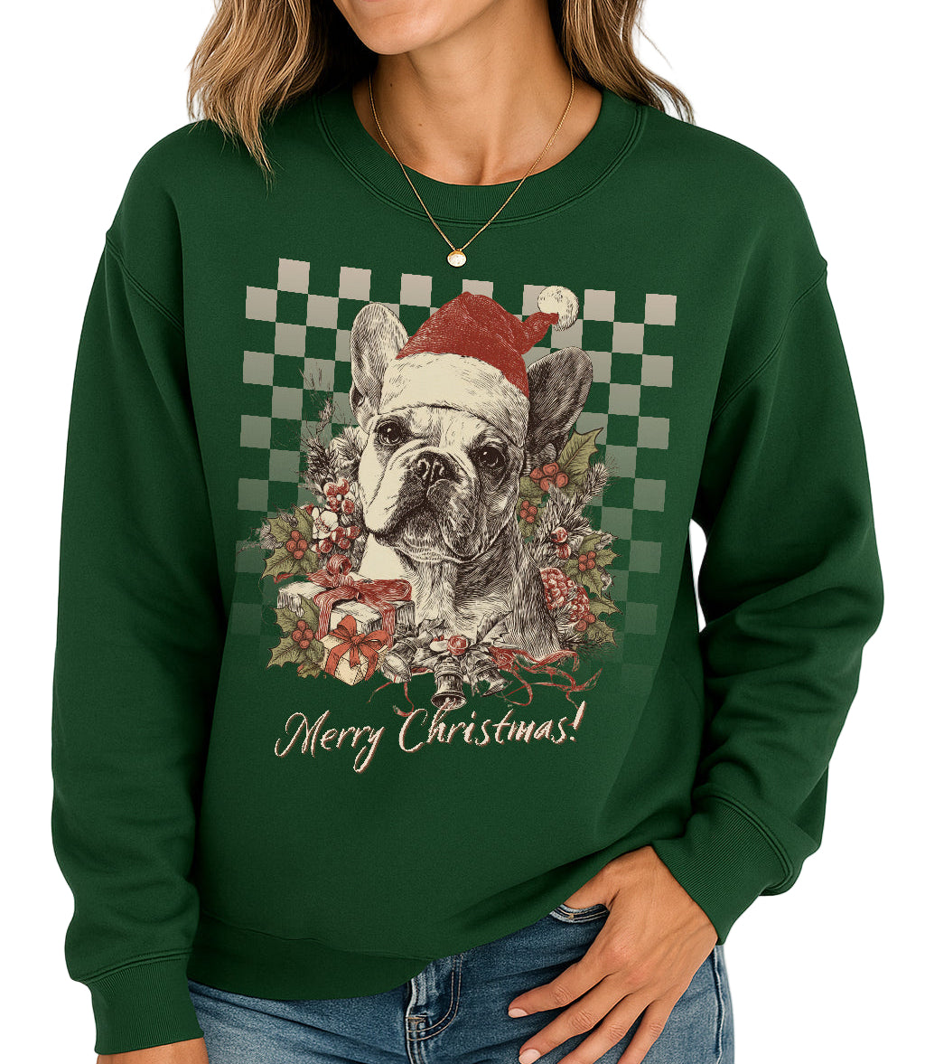 Frenchie Vintage Checkered Christmas Sweatshirt