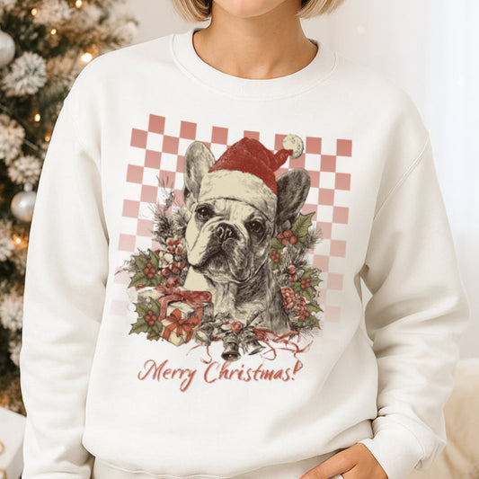 Frenchie Vintage Checkered Christmas Sweatshirt