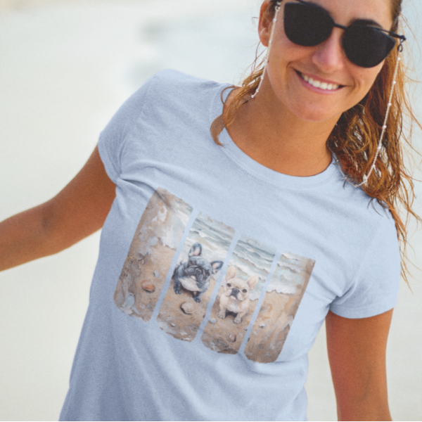 two french bulldogs on the beach art painting t-shirt, beach context