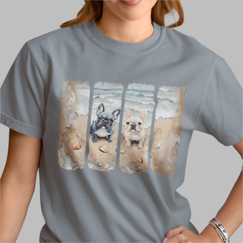 two french bulldogs on the beach art painting t-shirt, stone blue