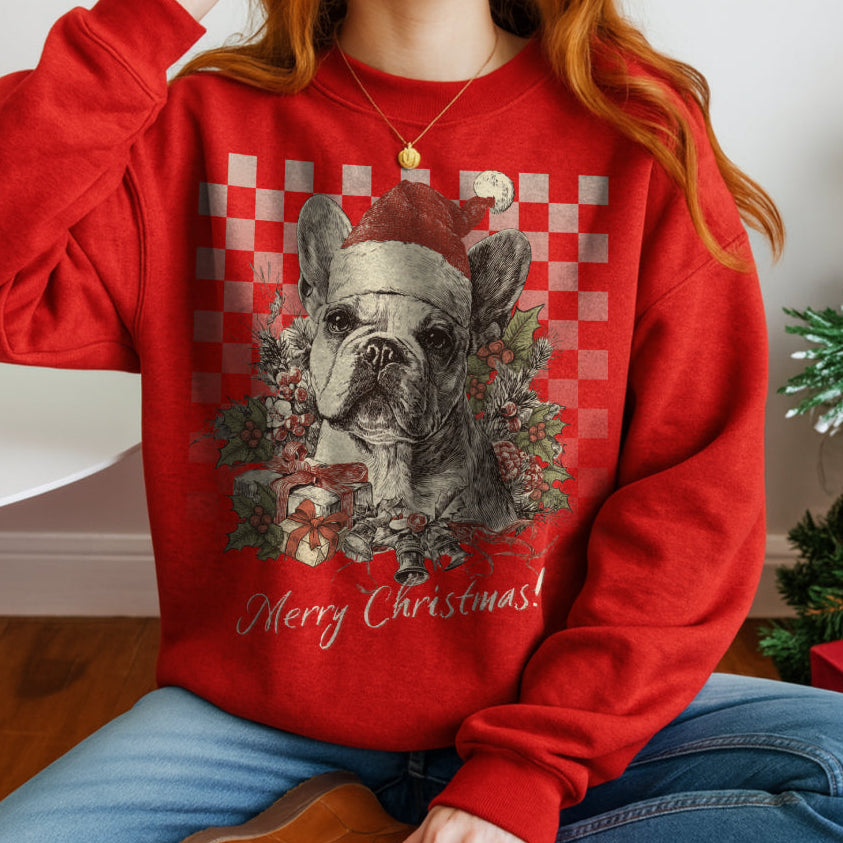 Frenchie Vintage Checkered Christmas Sweatshirt