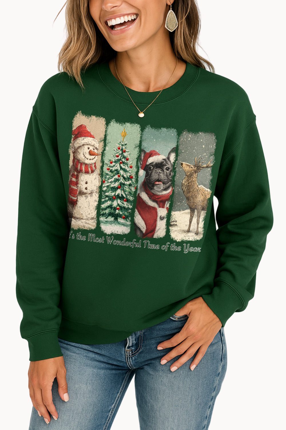 Woman wearing a green Christmas-themed sweatshirt with festive illustrations.
