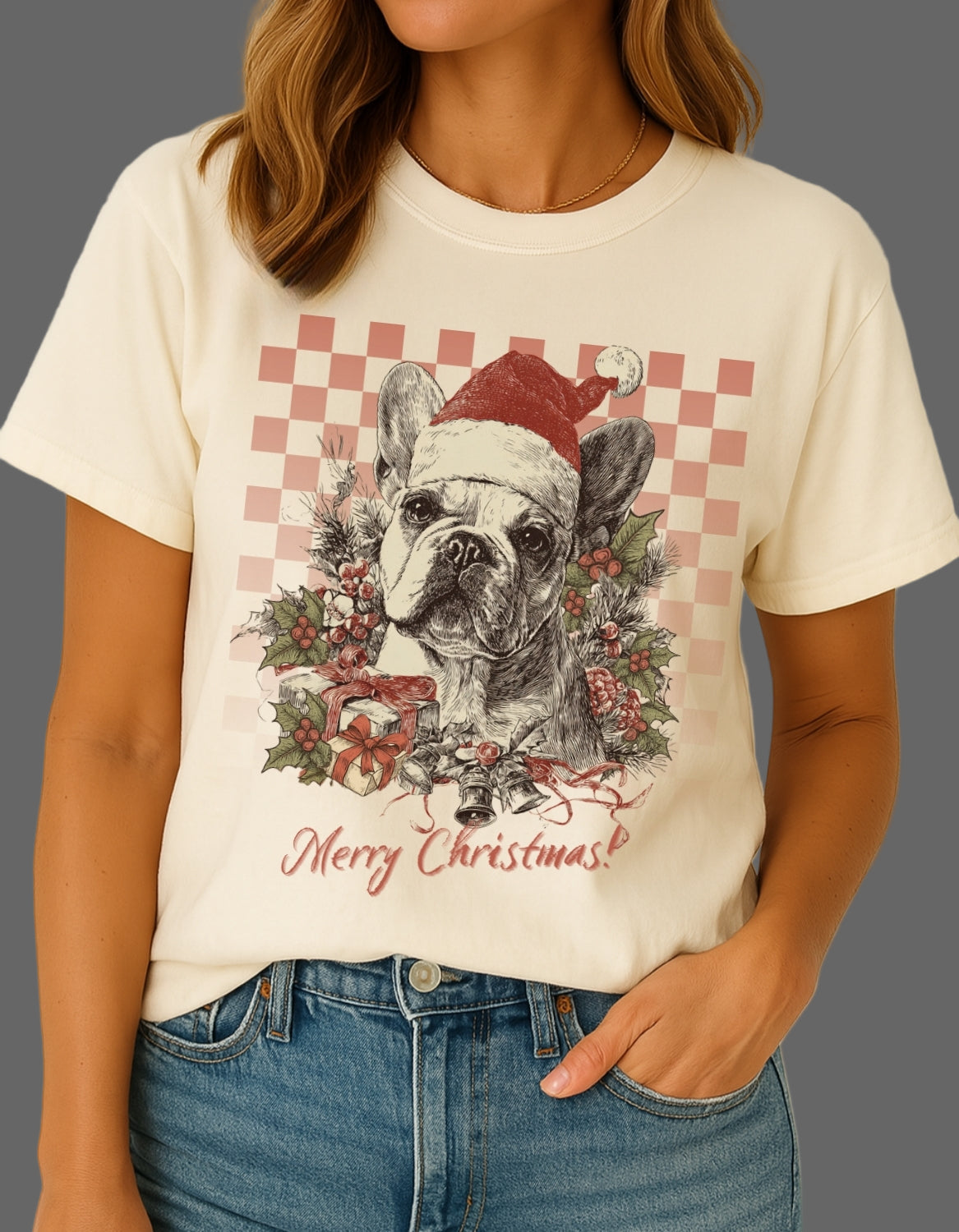 French Bulldog (Frenchie) Vintage Checkered Christmas Tee