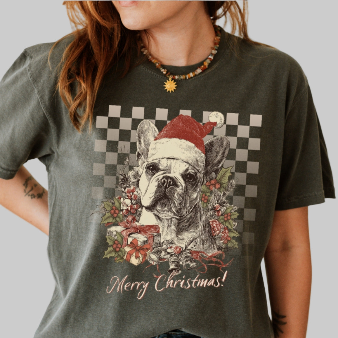 French Bulldog (Frenchie) Vintage Checkered Christmas Tee