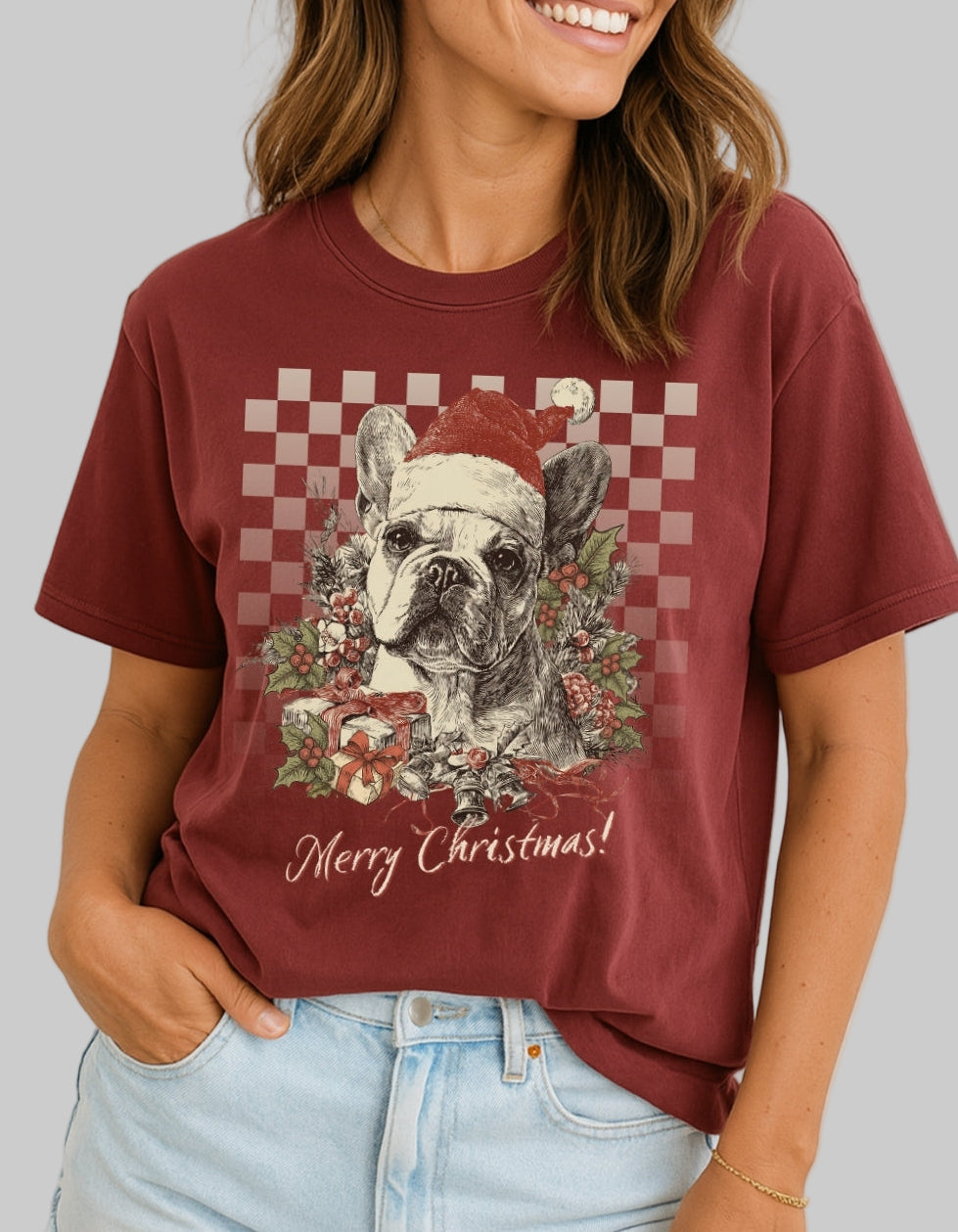 French Bulldog (Frenchie) Vintage Checkered Christmas Tee