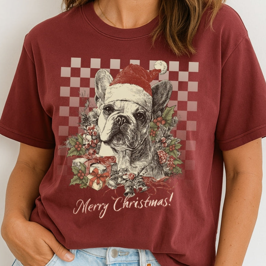 French Bulldog (Frenchie) Vintage Checkered Christmas Tee