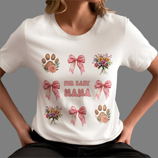 Fur Baby Mama T-Shirt – Soft Cotton Tee with Pink Bows – Gift for Pet Moms