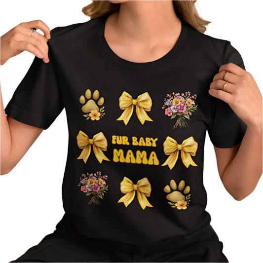 Fur Baby Mama T-Shirt – Soft Cotton Tee with Yellow Bows – Gift for Pet Moms