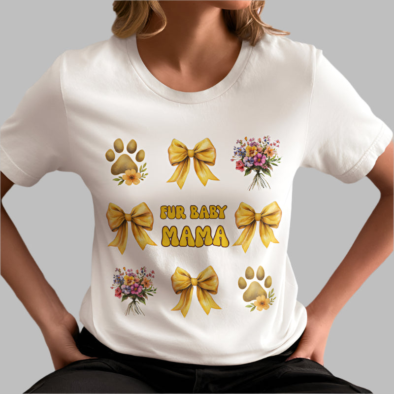Fur Baby Mama T-Shirt – Soft Cotton Tee with Yellow Bows – Gift for Pet Moms