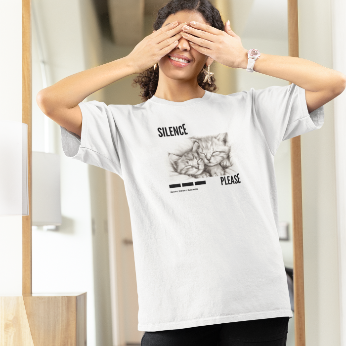 Silence please cats sleeping t-shirt female model