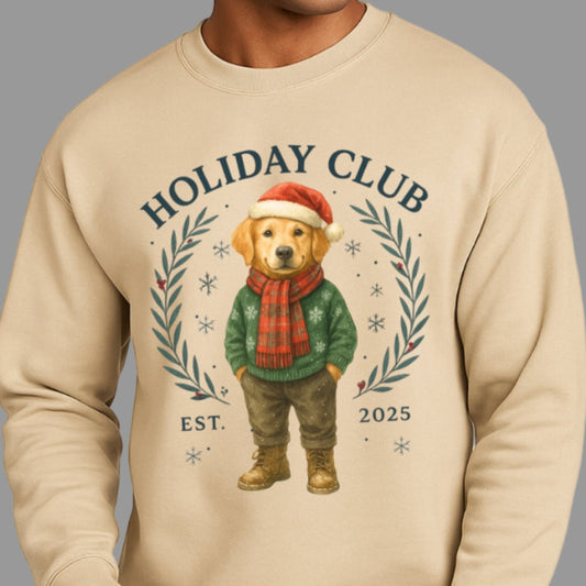 Beige sweatshirt with a bear graphic and 'Holiday Club' text on a white background