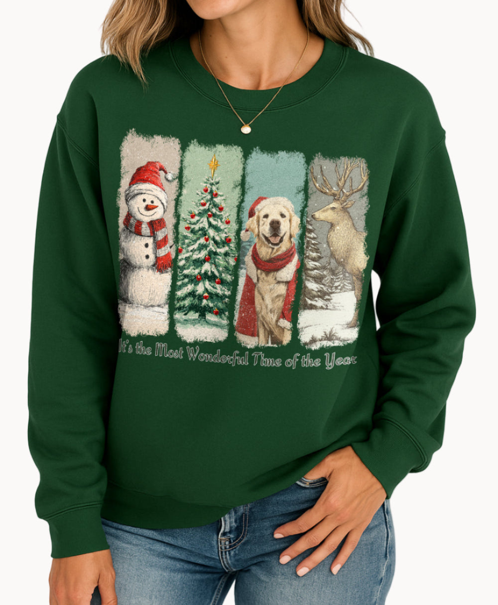 Woman wearing a green sweatshirt with Christmas-themed design