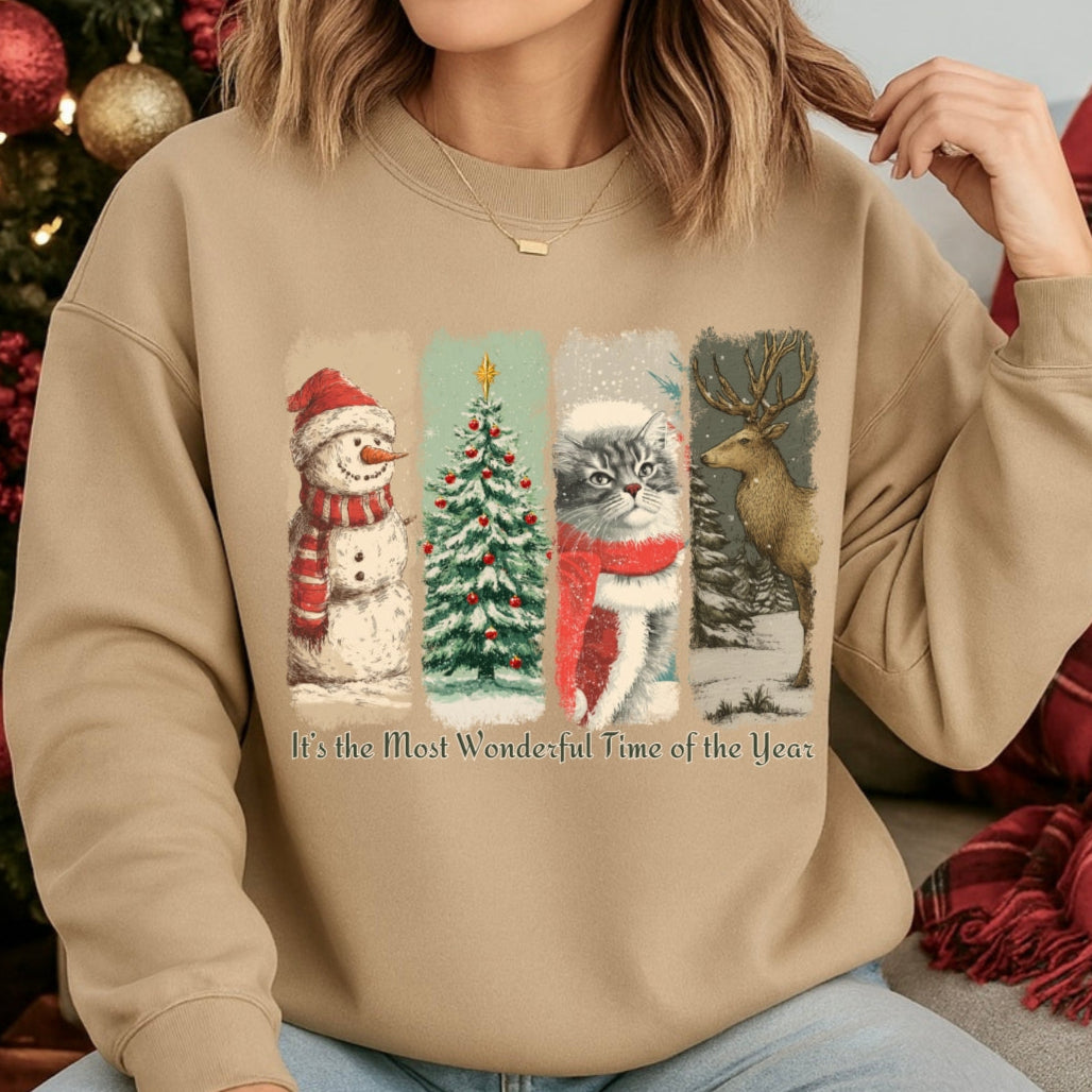 Person wearing a beige sweatshirt with Christmas-themed designs and text.