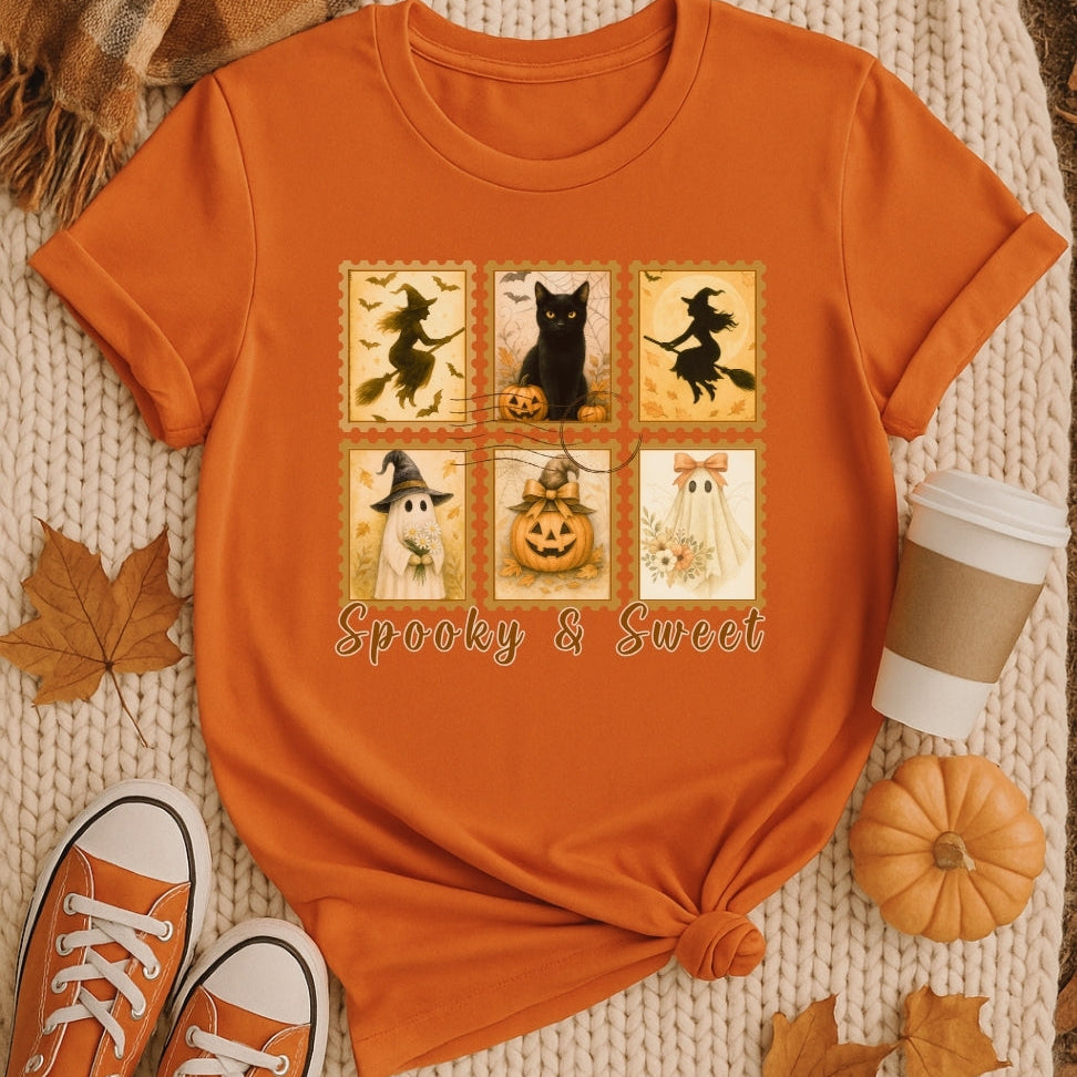 Orange t-shirt with Halloween-themed design on a textured surface with autumn leaves and pumpkins.