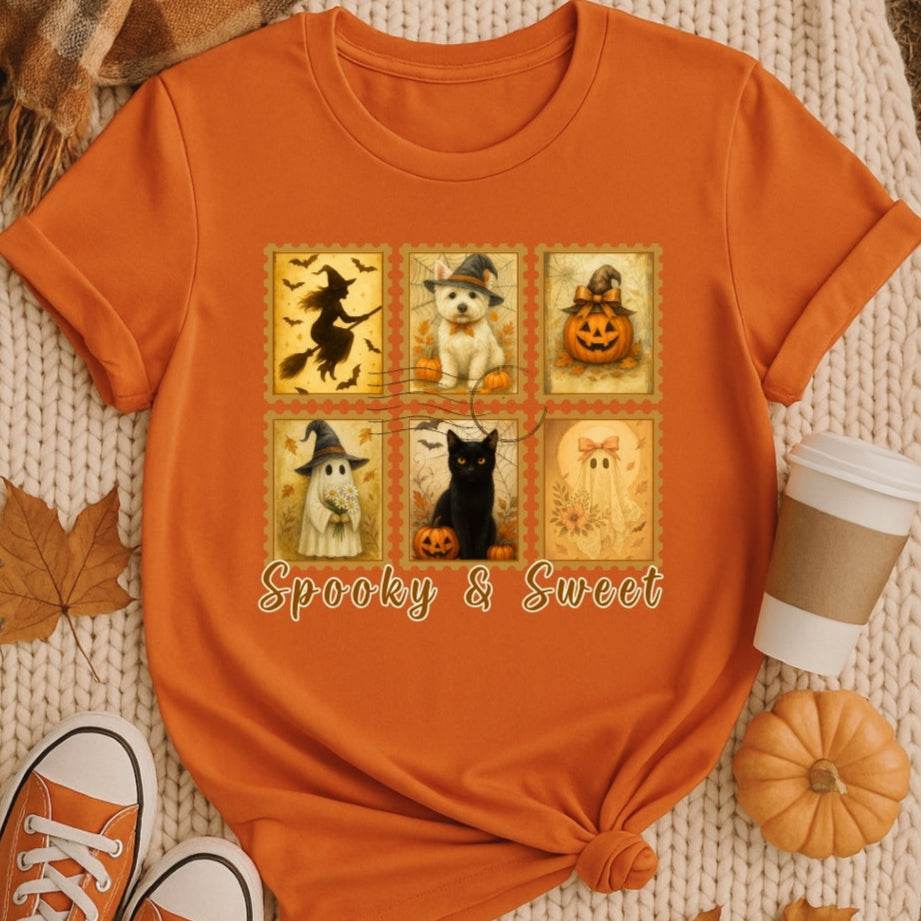 burnt orange t-shirt with Halloween-themed design featuring dogs, pumpkins, and text 'Spooky & Sweet' on a textured surface with autumn leaves and a cup.