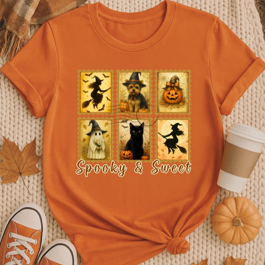 Burnt Orange t-shirt with Halloween-themed design on a textured surface with autumn leaves and a coffee cup.