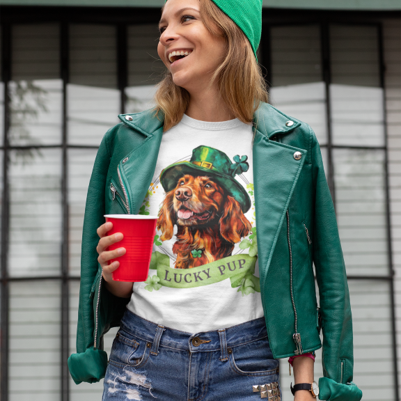 Woman wearing white St. Patrick’s Day t-shirt featuring an irish setter dog with a shamrock garland and festive Irish design