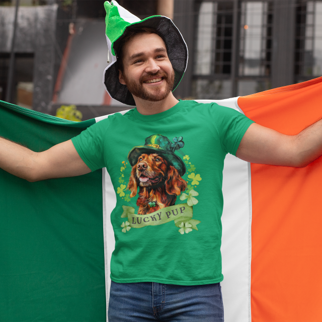 A man wearing green St. Patrick’s Day t-shirt featuring an irish setter dog with a shamrock garland and festive Irish design