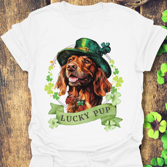 St. Patrick’s Day t-shirt featuring an Irish Setter dog with a shamrock garland and festive Irish design