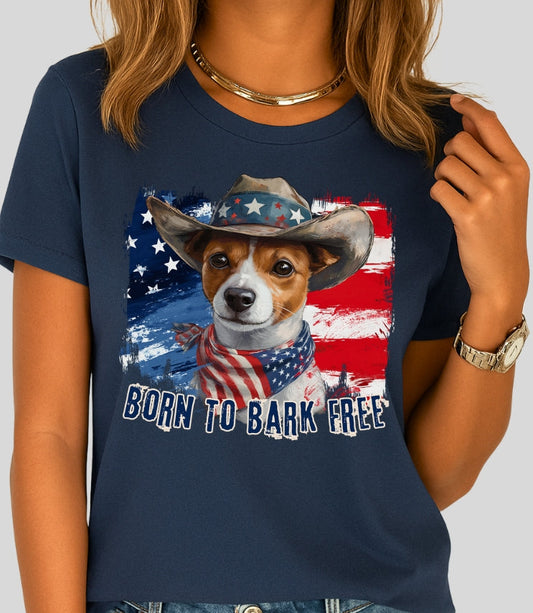 Jack Russel Patriotic T-Shirt "Born to Bark Free" - Dog-Themed Patriotic Design