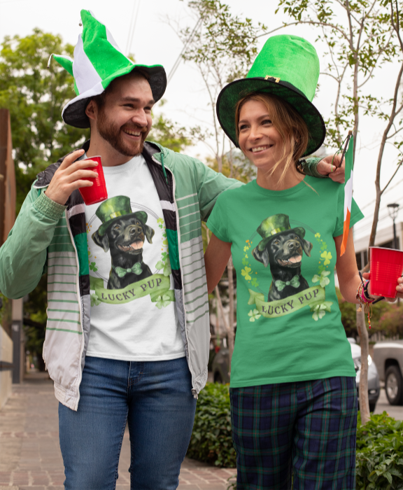 St. Patrick’s Day t-shirt featuring a black labrador retriever dog with a shamrock garland and festive Irish design