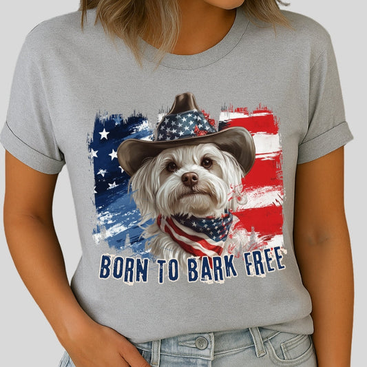 Maltese Patriotic T-Shirt "Born to Bark Free" - Dog-Themed Patriotic Design