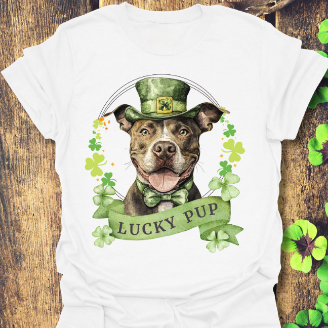 White cotton St. Patrick’s Day tee for dog moms and dads, featuring a Pit Bull dog design